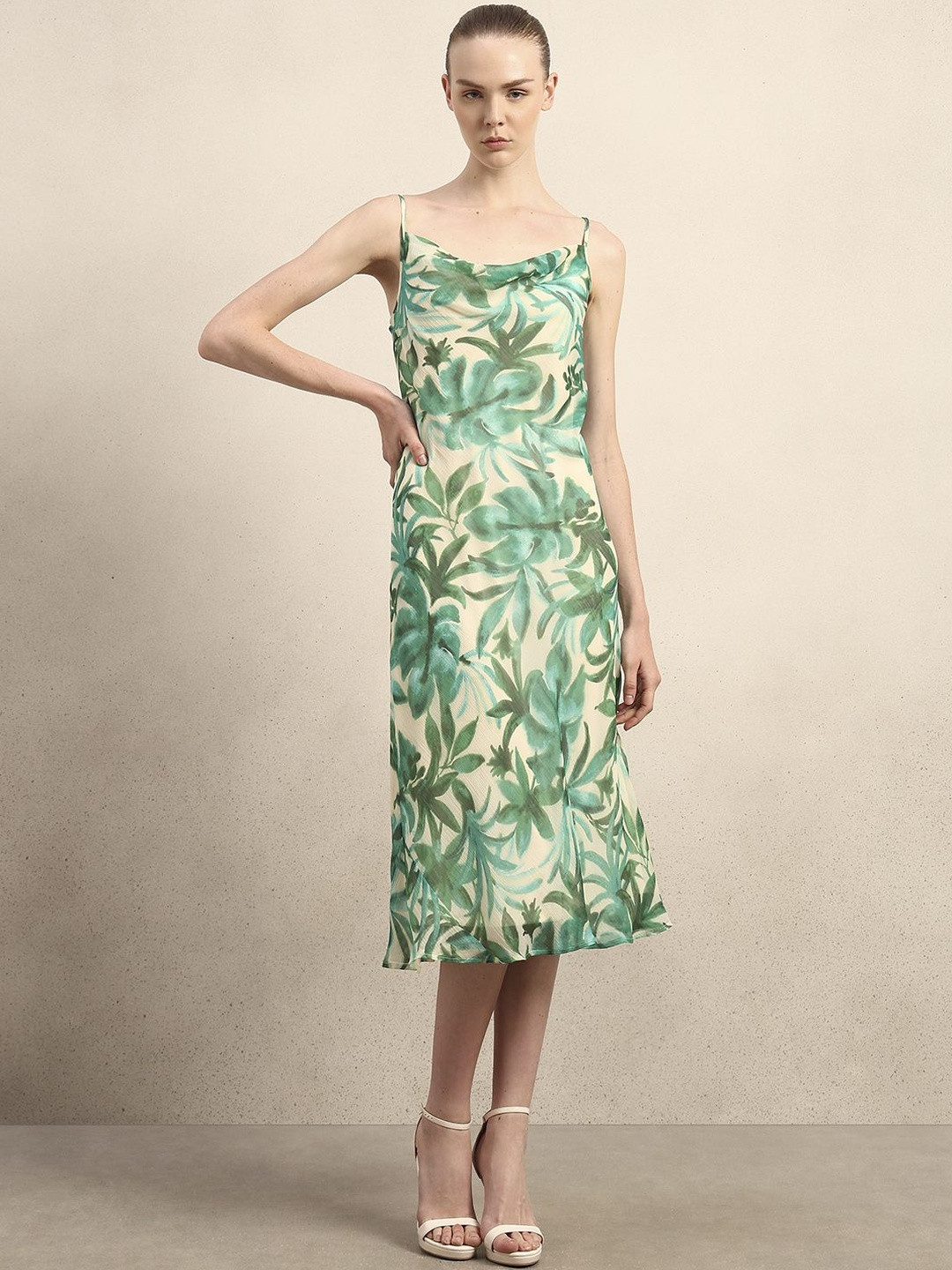 Vero Moda Women's Tropical Print Cowl Neck Sheath Midi Dress