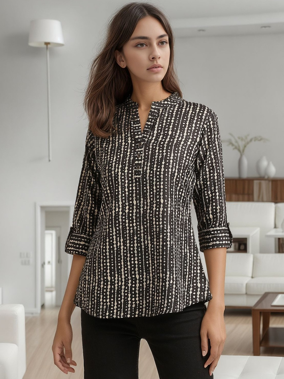 Anouk Women Black & Beige Ethnic Motifs Printed Mandarin Collar Viscose Rayon Short Kurti