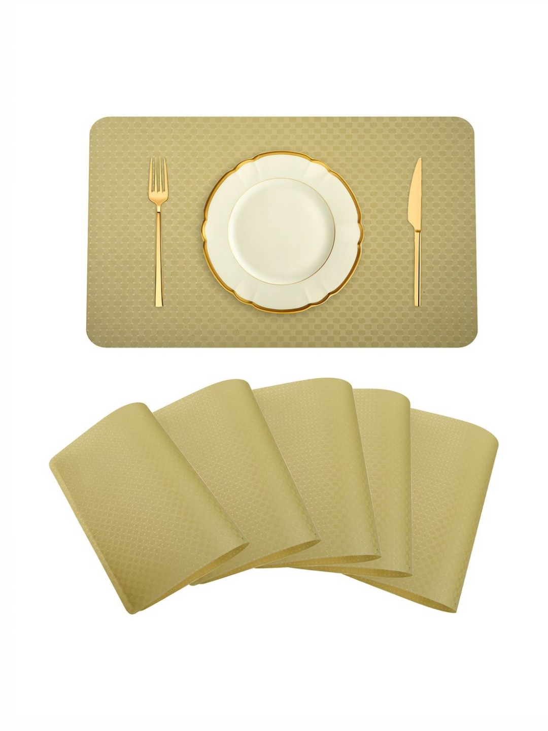 Aura Beige 6 Pieces Checked Non-Slip Heat-Resistant Table Placemats