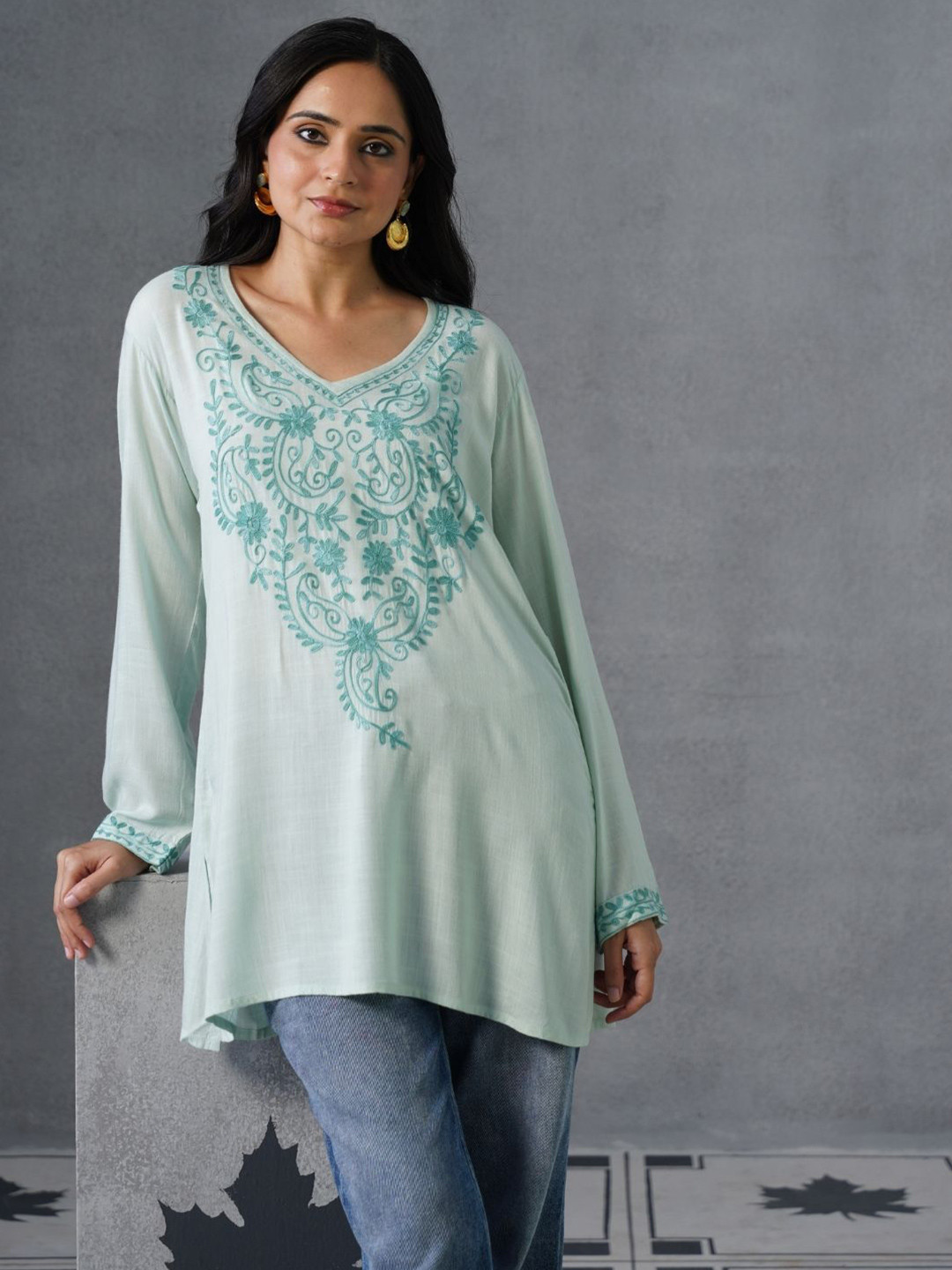 Kashmir Box Kashmiri Aari Embroidered Light Blue Floral V-Neck Rayon Short Kurti