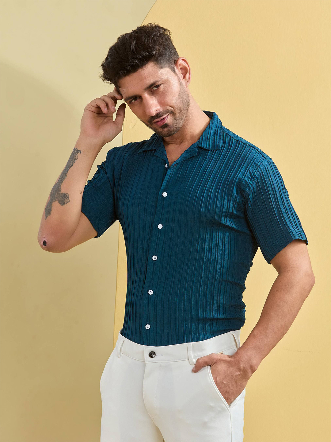 STONEBERG Men Comfort Slim Fit Textured Cuban Collar Casual Shirt