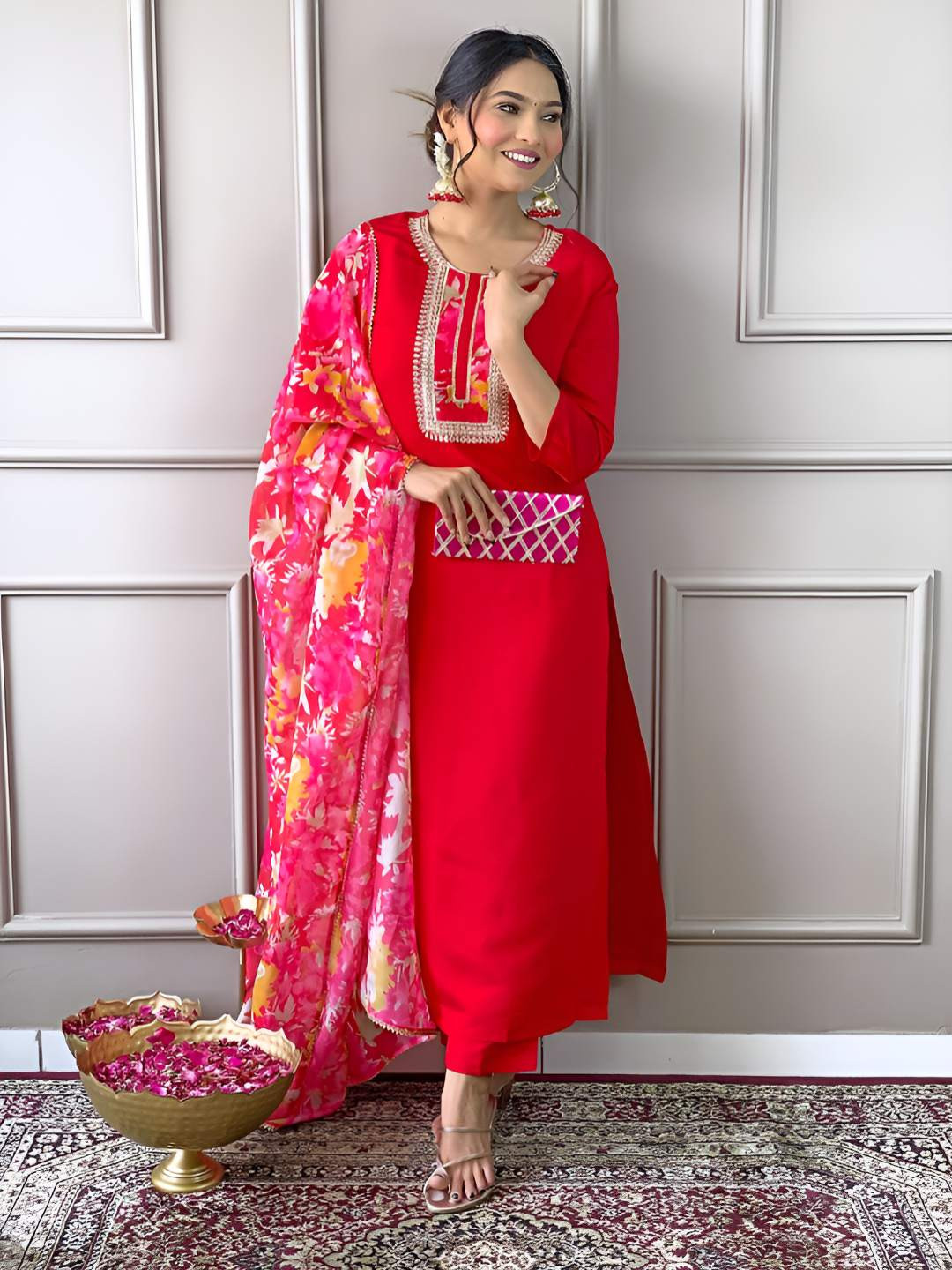 J.KANJI Floral Yoke Design Round Neck Thread Work Straight Kurta With Trousers & Dupatta