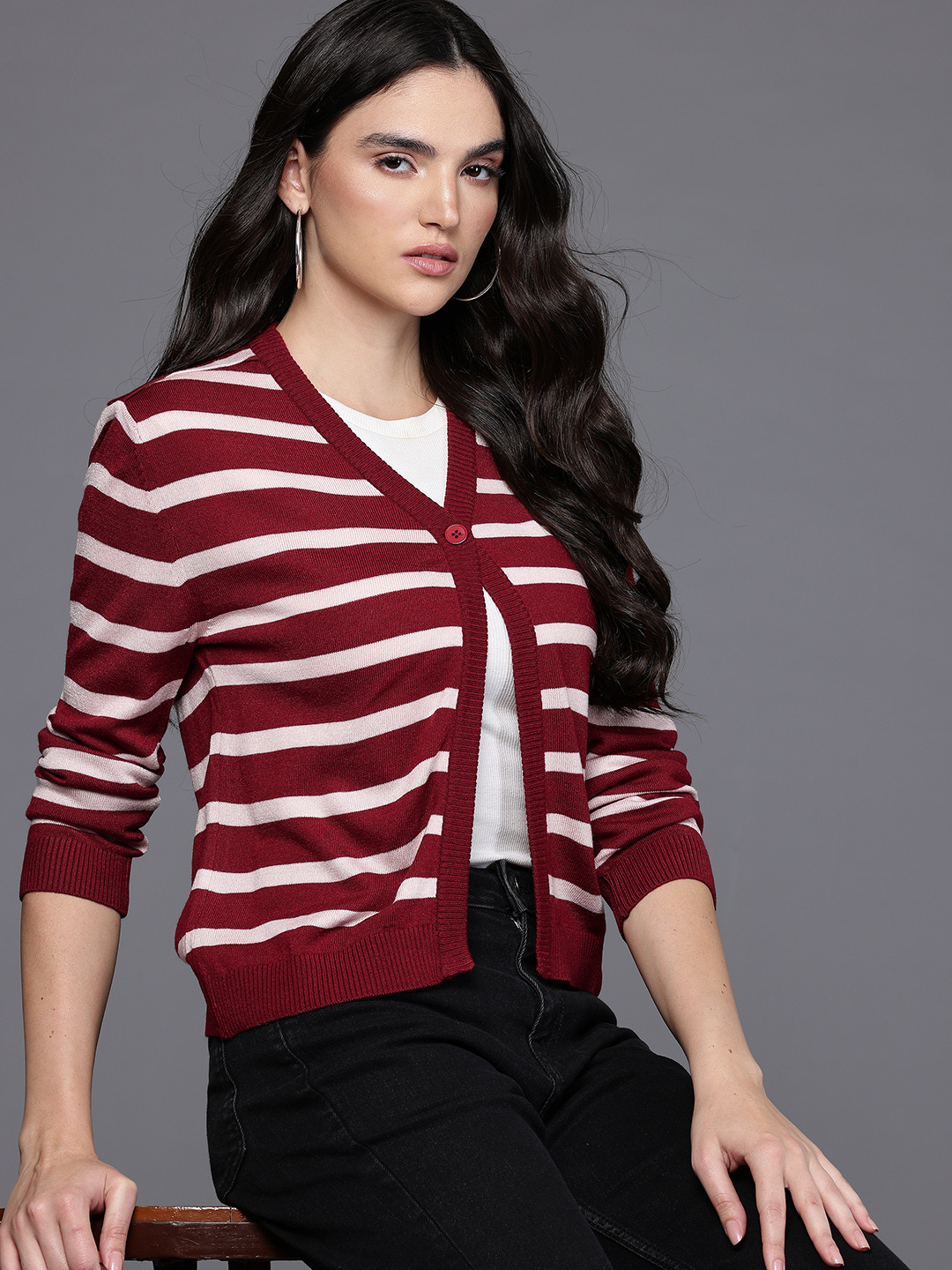 Allen Solly Woman Pure Acrylic Striped Cardigan