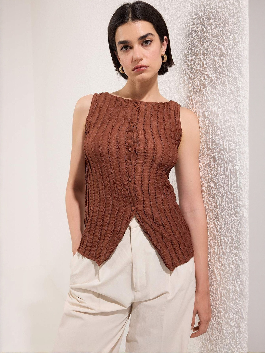 Trendyol Women Mocha Mousse Ruffled Fitted Top