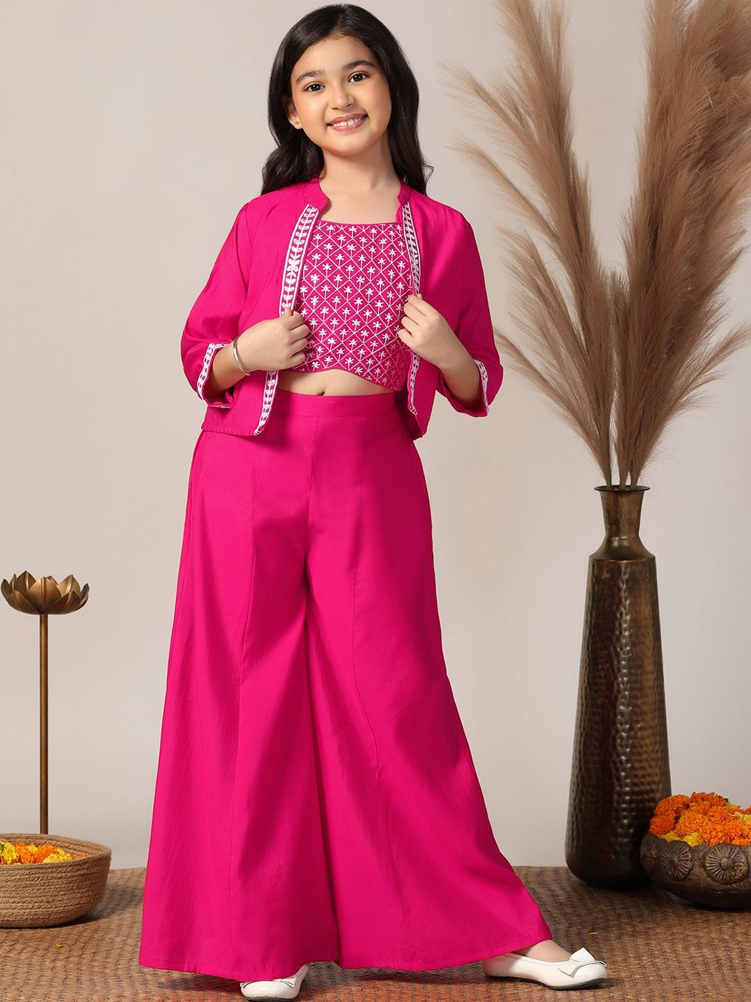 Sangria Girls Pink Embroidered Roman Silk Crop Top Palazzo with Ethnic jacket Clothing Set