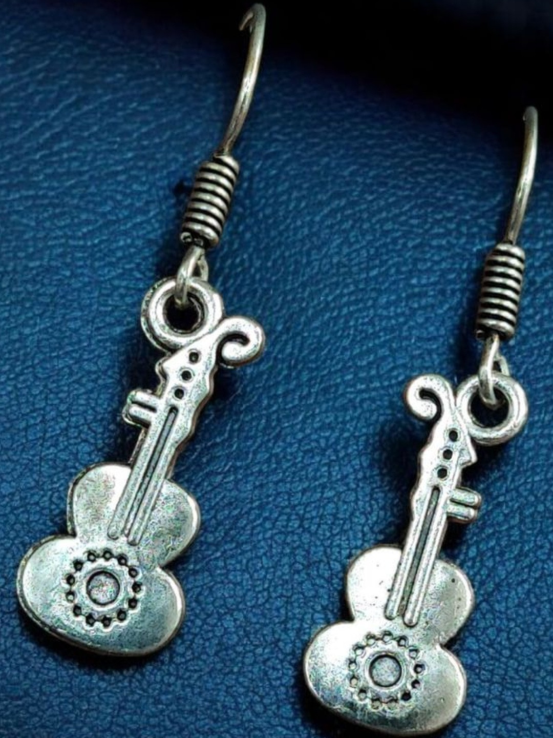 Hardin Style German Silver-Plated Oxidized Guitar Shaped Drop Earrings