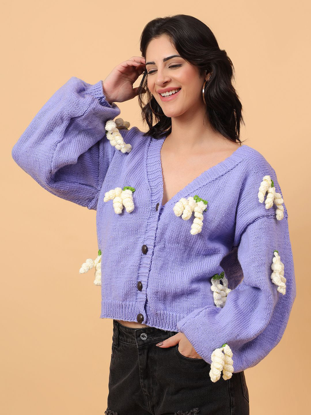 Velvery Purple and Cream Crochet Grapes Appliques Acrylic Oversized Baggy Cardigan