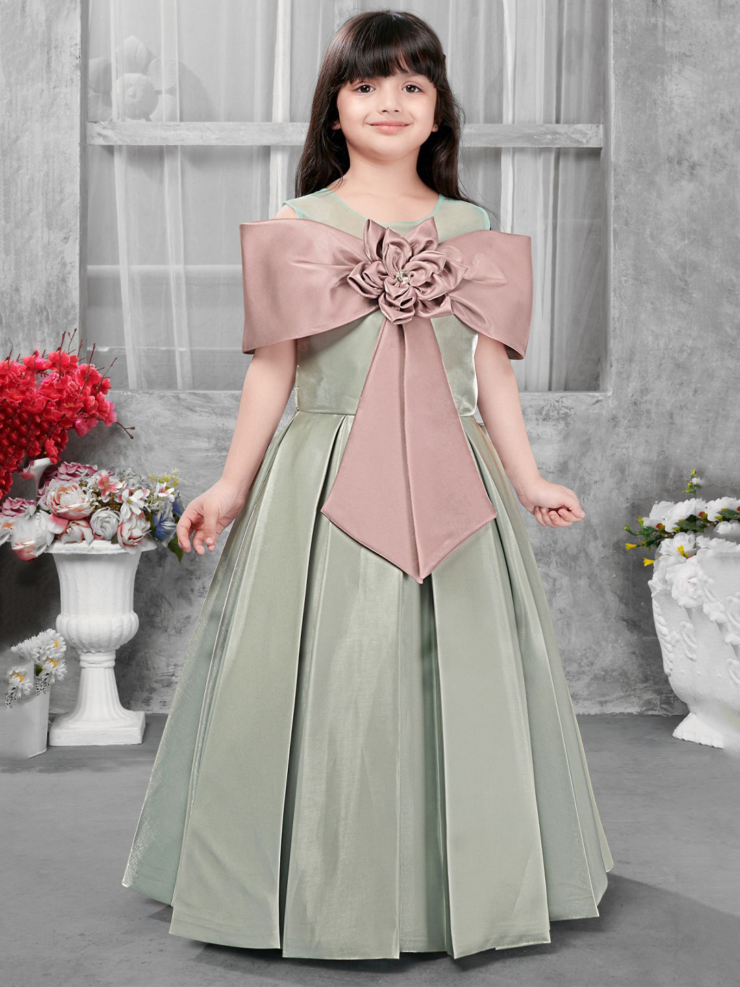 Lagorii Girls Green Sleeveless Gown with Oversized  Bow Dress