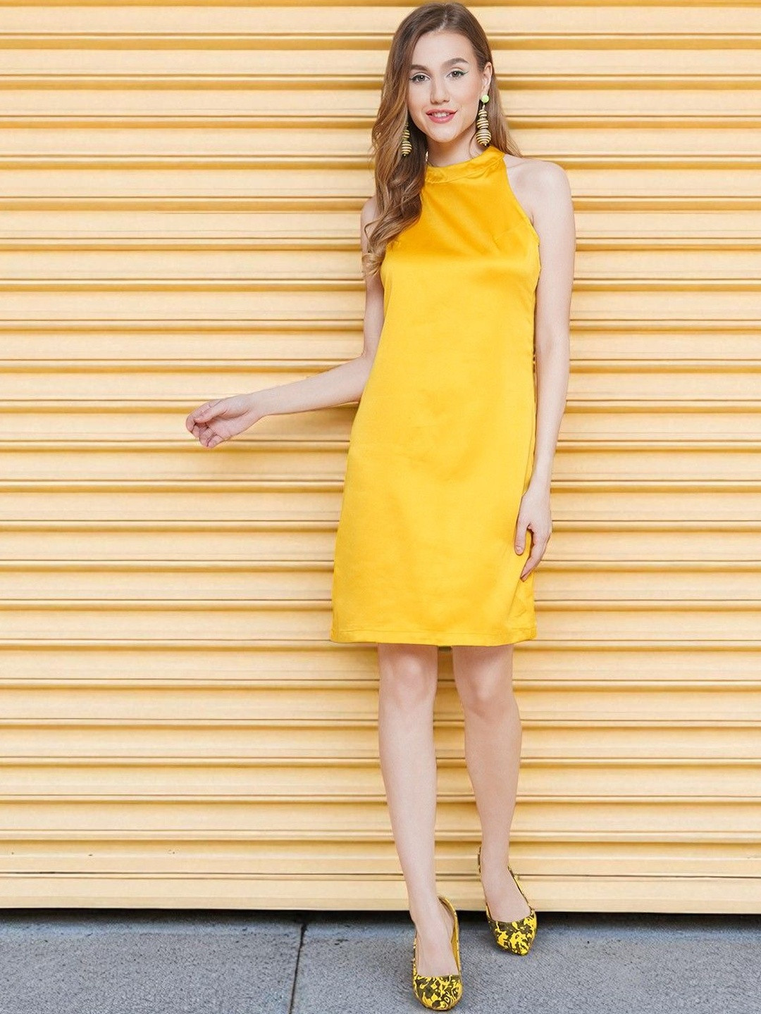 KATLINE Women Satin Mock Neck Sleeveless Sheath Dress