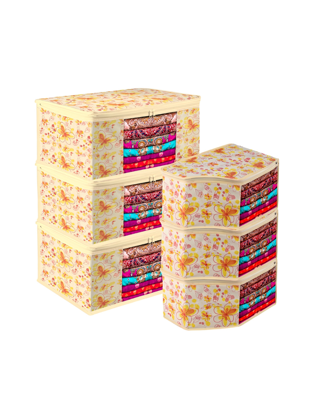 Aura Off White & Yellow 6 Pieces Flower Printed Drawer Organisers