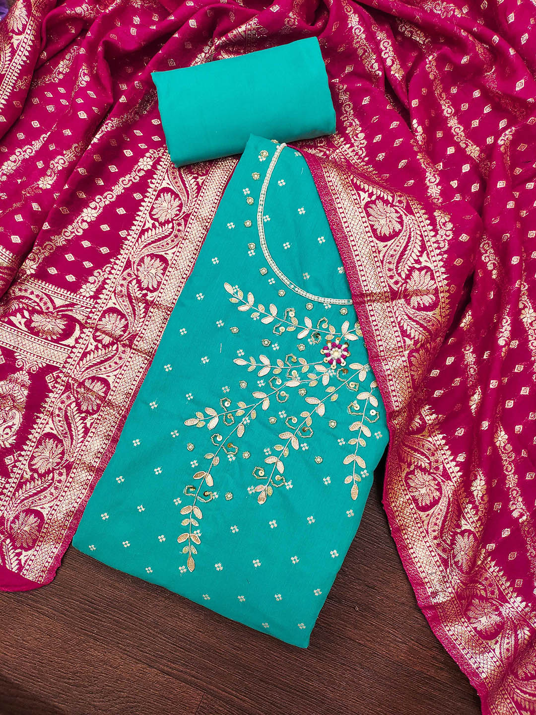 Maroosh Floral Embellished Weaving & Handwork Banarasi Unstitched Dress Material
