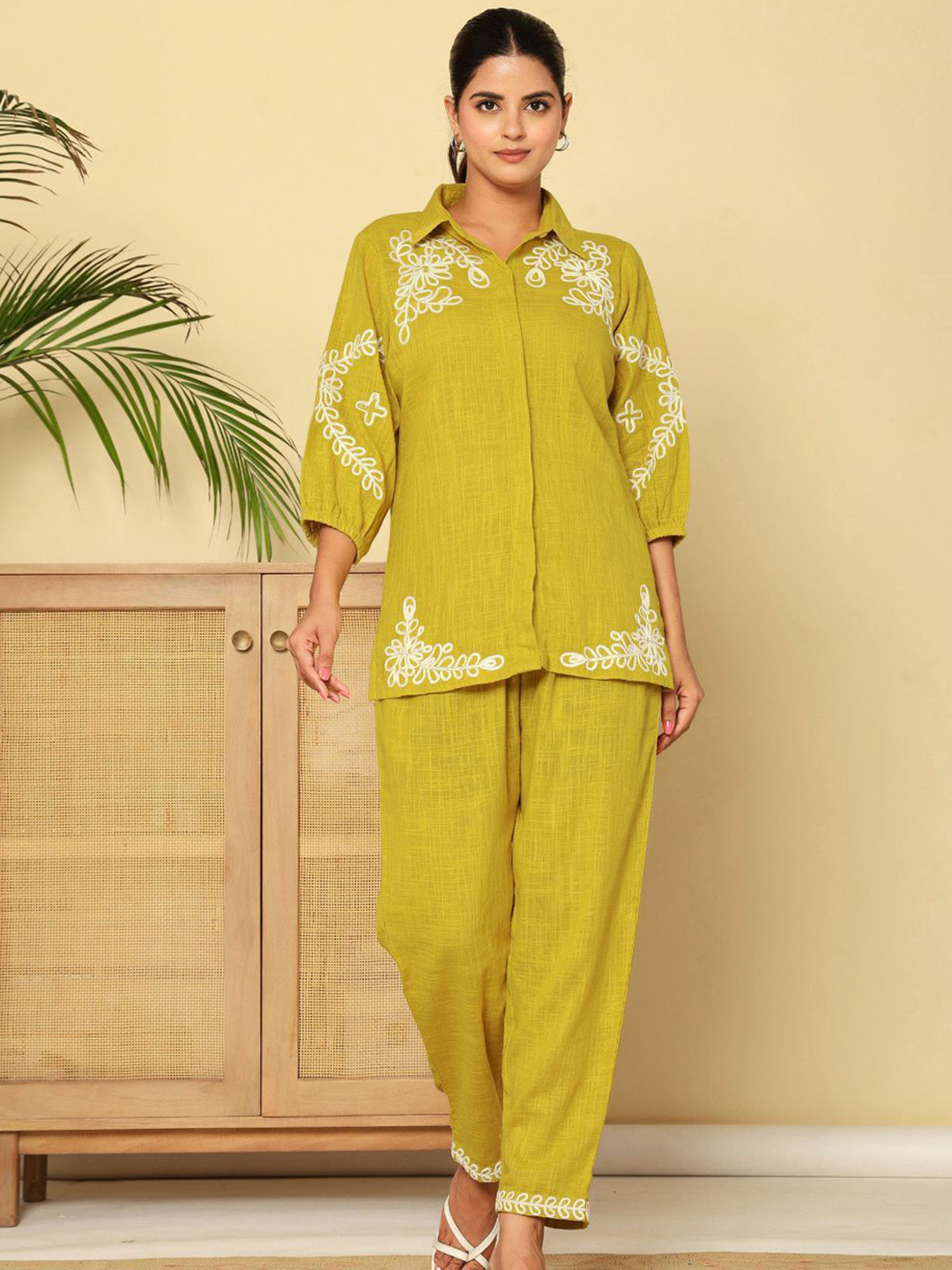 Zolo Label Floral Embroidered Shirt Collar Cotton Shirt With Trousers Co-Ords