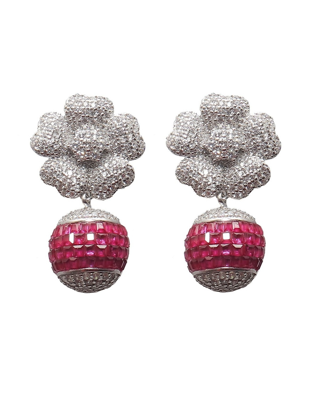 Ruha JEWELS Silver Plated Ruby & Diamond Studded Floral Shaped Drop Earrings