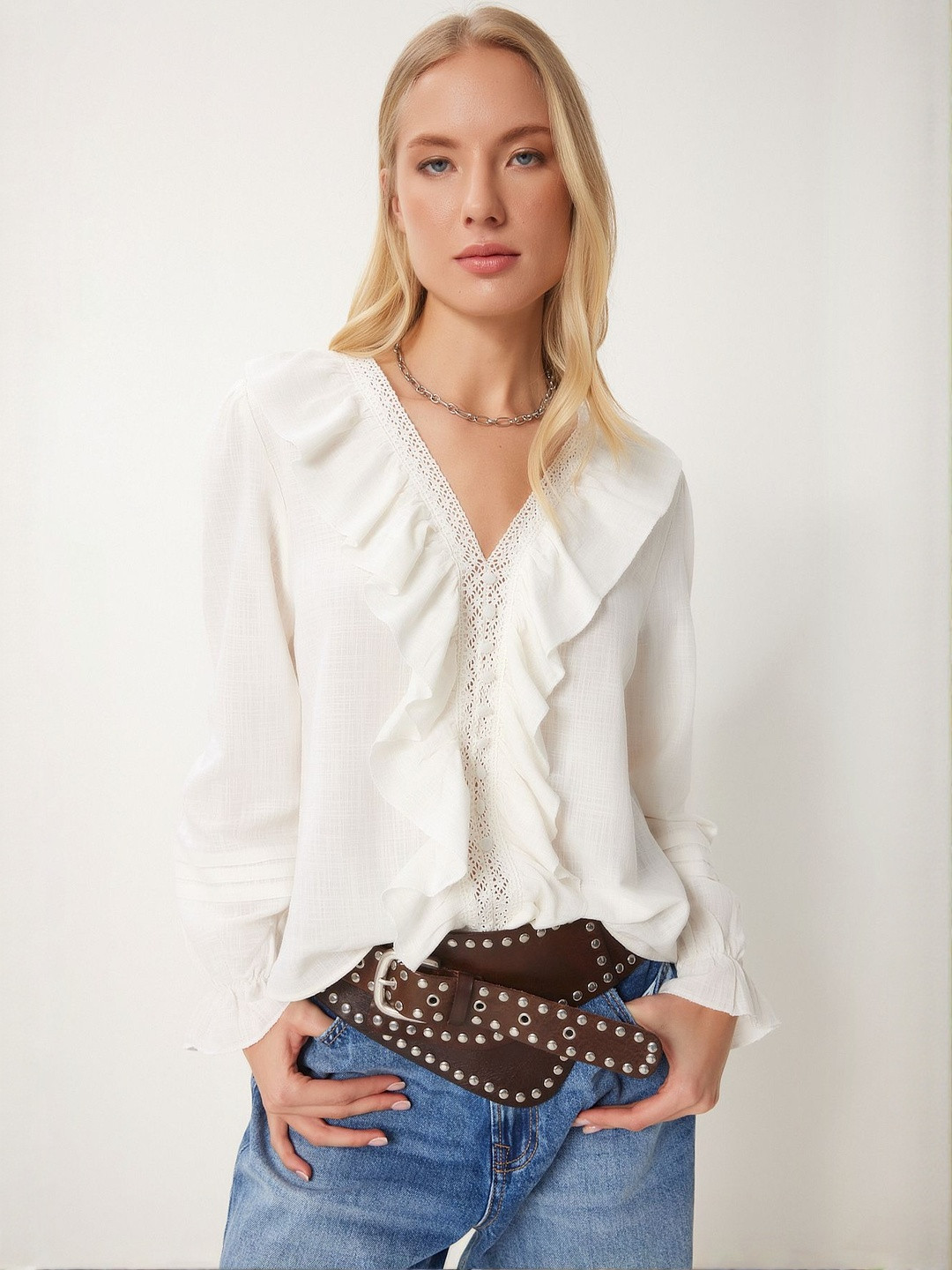 Happiness istanbul Women V-Neck Ruffles Top With Lace-Inserts