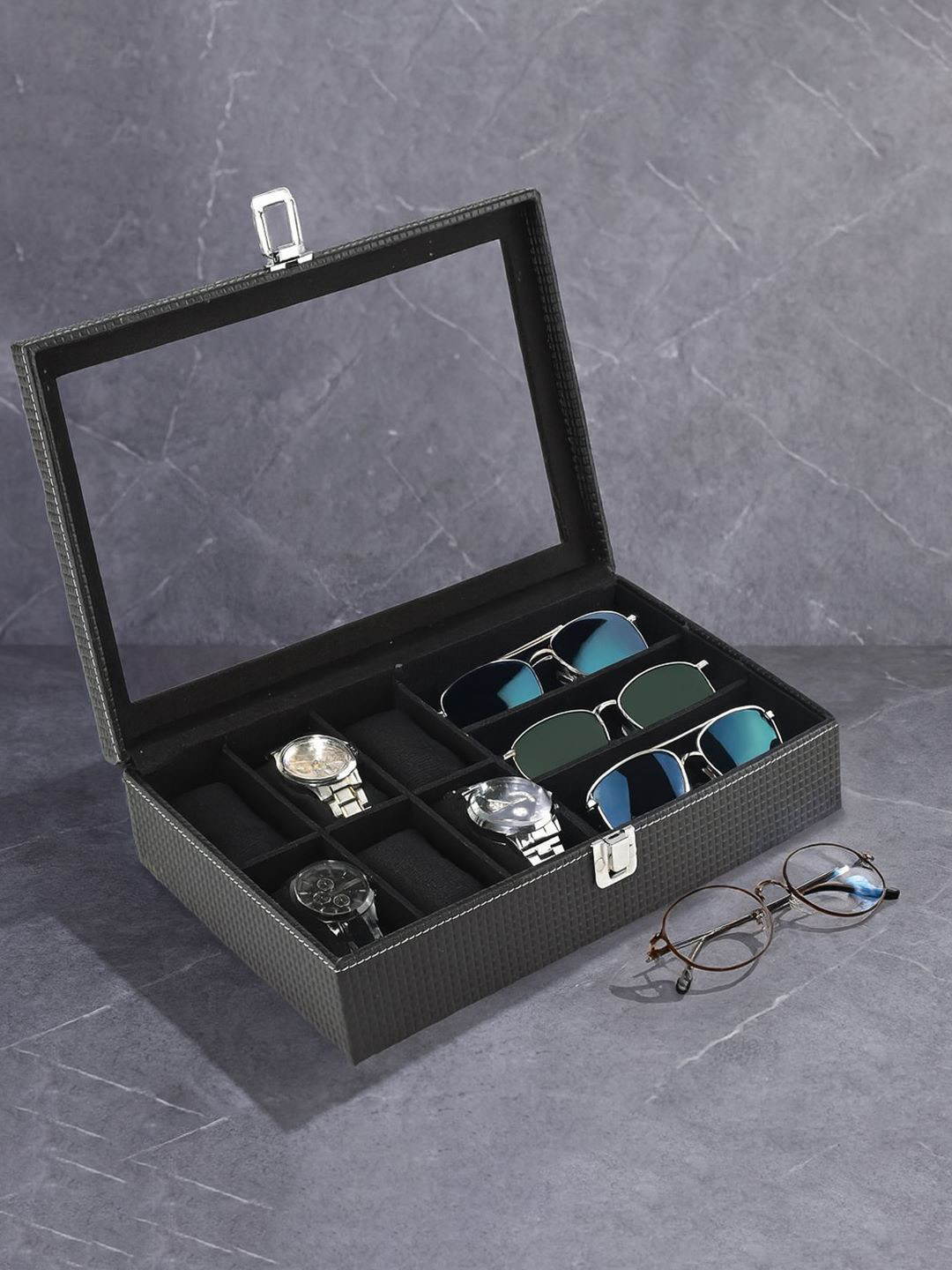 Kuber Industries Black 6+3 Slots Wrist Watch Organizer Box