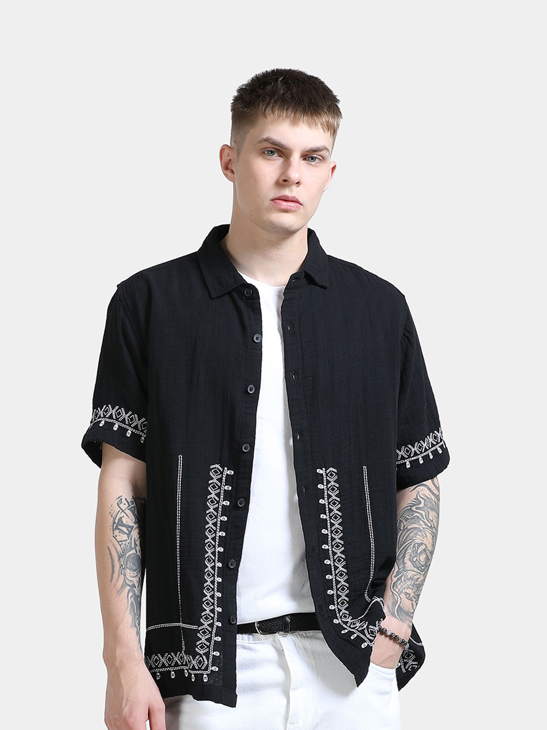 StitchX Men Double Cloth Embroidered Cotton Shirt