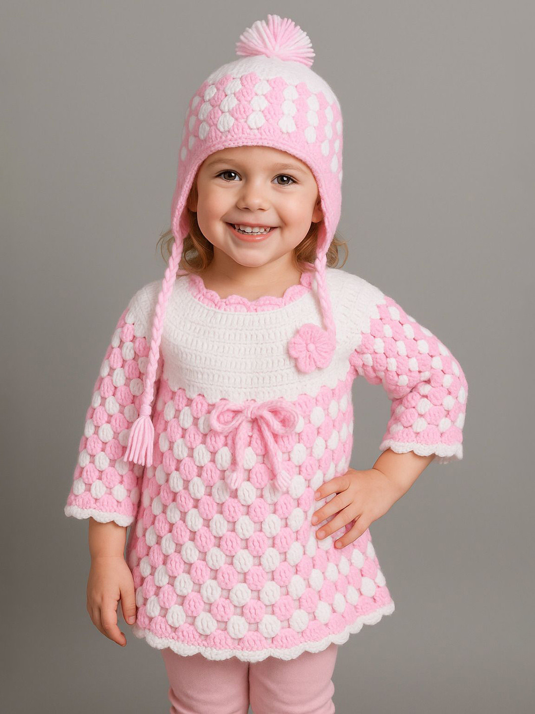WINDROP SOLUTIONS Girls Geometric Self Design Round Neck Woollen Jumper Dress & Cap