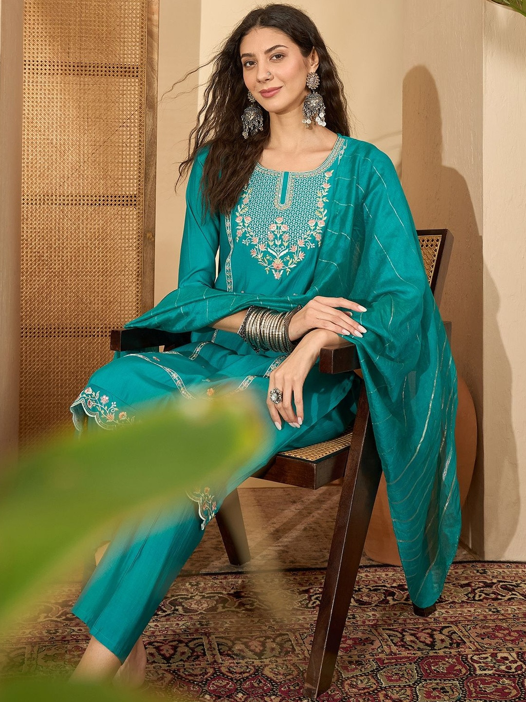 Sangria Floral Embroidered Regular Thread Work Kurta With Trousers & Dupatta