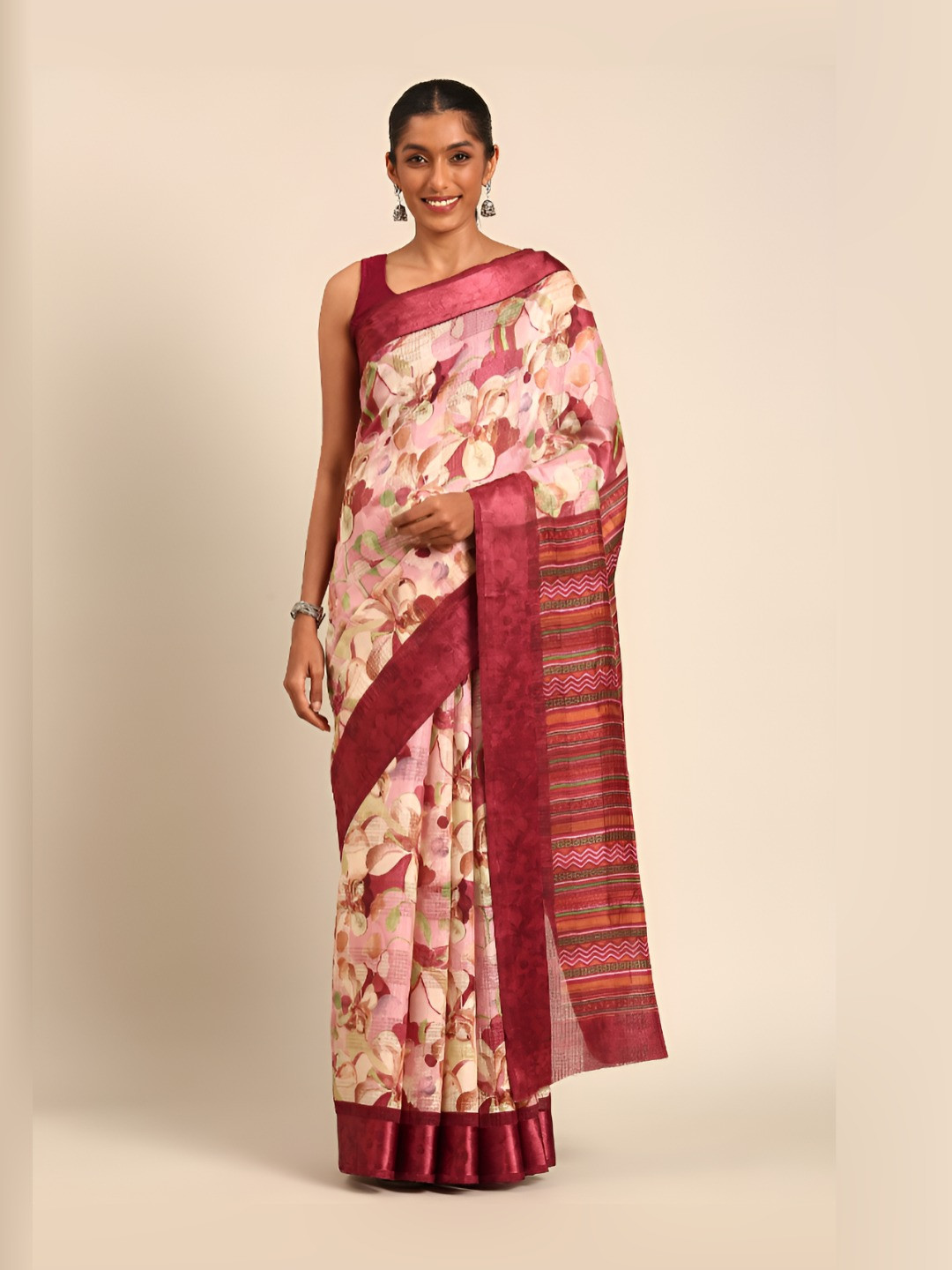 Taashi Floral Printed Linen Tussar Saree With Unsthiched Blouse Piece