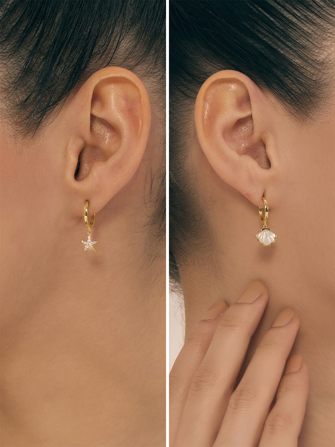 Nistra Gold-Plated Sterling Silver Star & Oceanic Shell Shaped Hoop Earrings