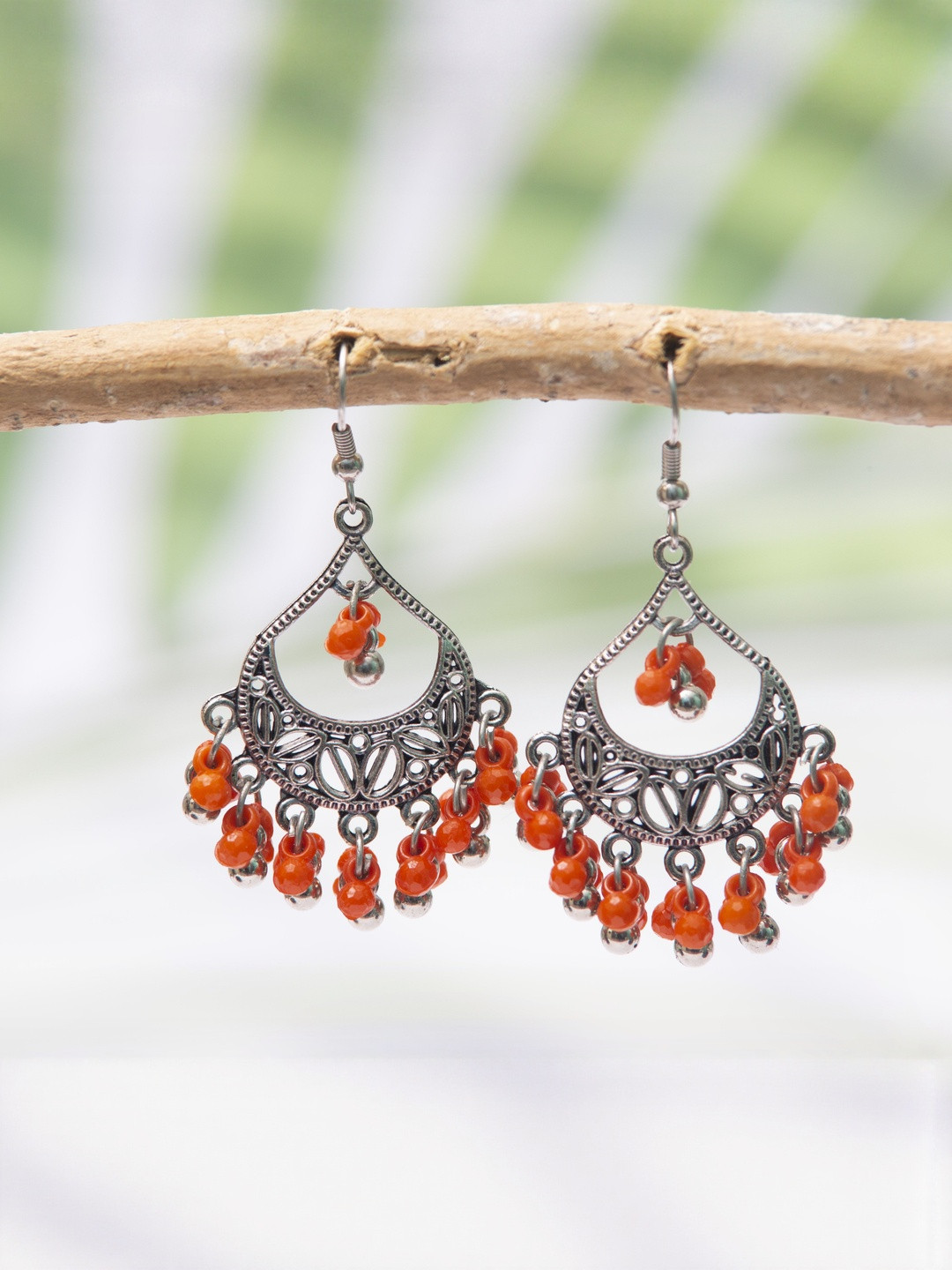 Creative Frogs Oxidized Silver-Plated Orange Beads Chandbali Earrings