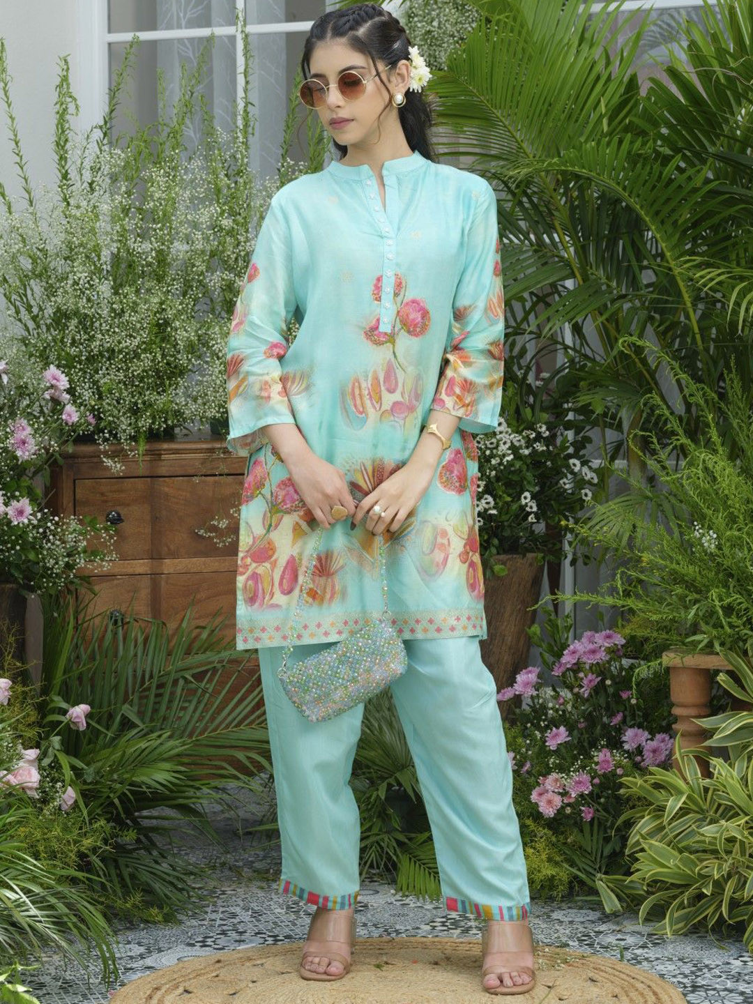 AUTUMN LANE Palash Sea Premium Printed Mandarin Collar Top With Trousers Co-Ords