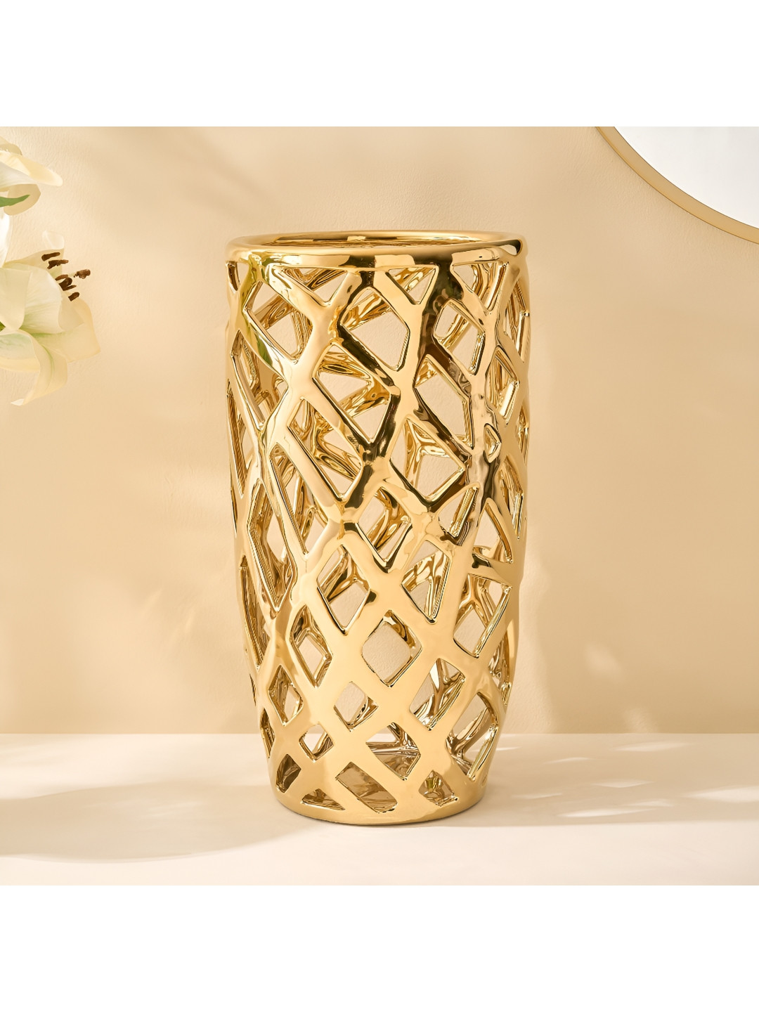 Home Centre Canova Arista Gold Toned Glossy Ceramic Cut-Out Vase