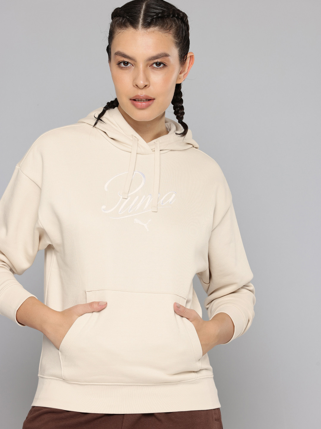 Puma Essentials Script Brand Logo Embroidered Comfort Fit Hooded Sweatshirt