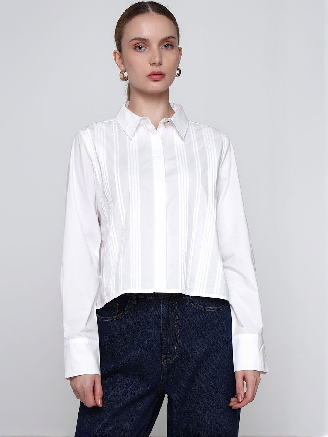 COVER STORY Striped Cotton Shirt Style Crop Top