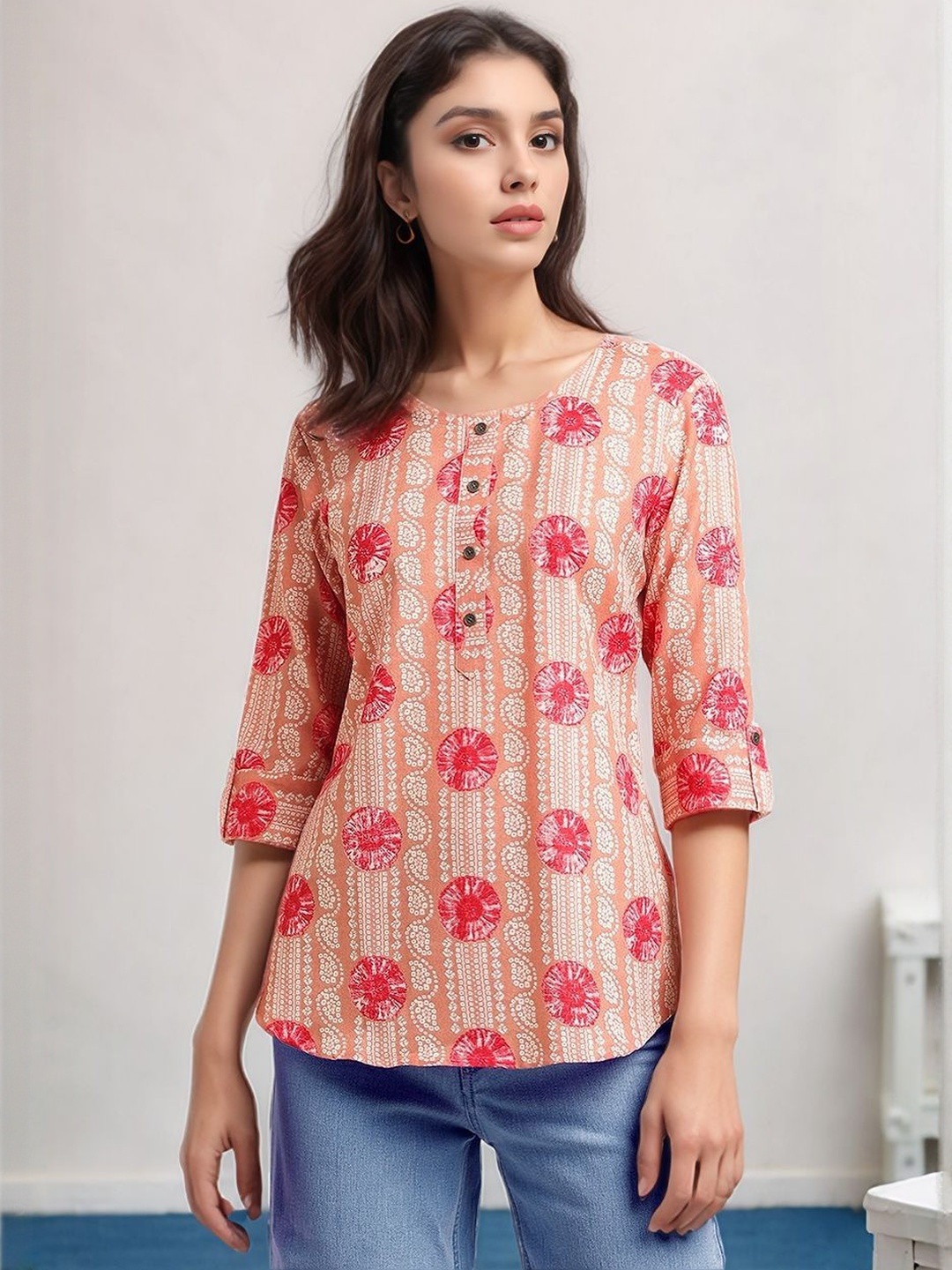 Anouk Ethnic Women Viscose Rayon Peach Pink Printed Short Kurti