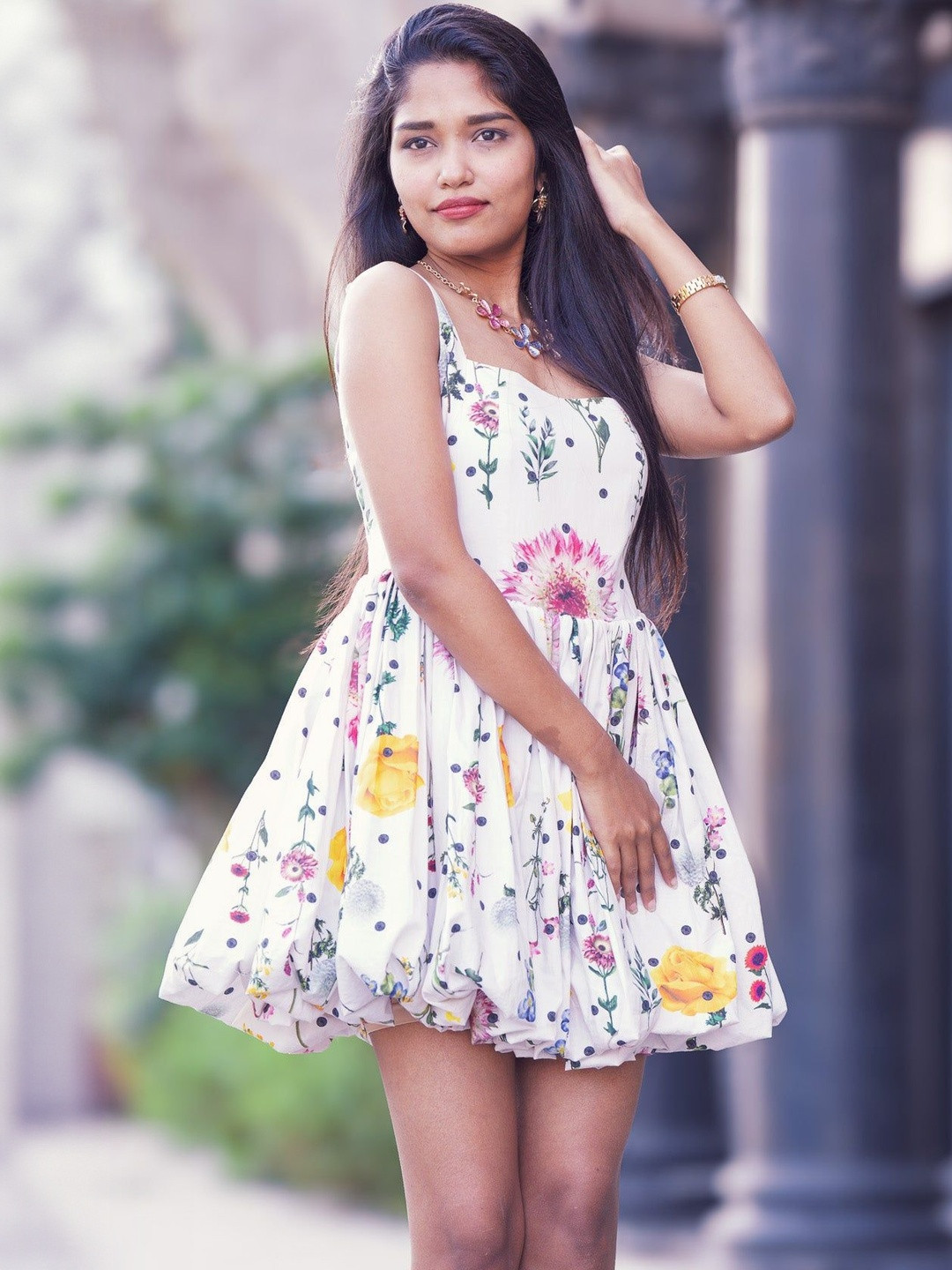 Valere Women Floral Printed Lace-Up Shoulder Straps Cotton Balloon Mini Dress