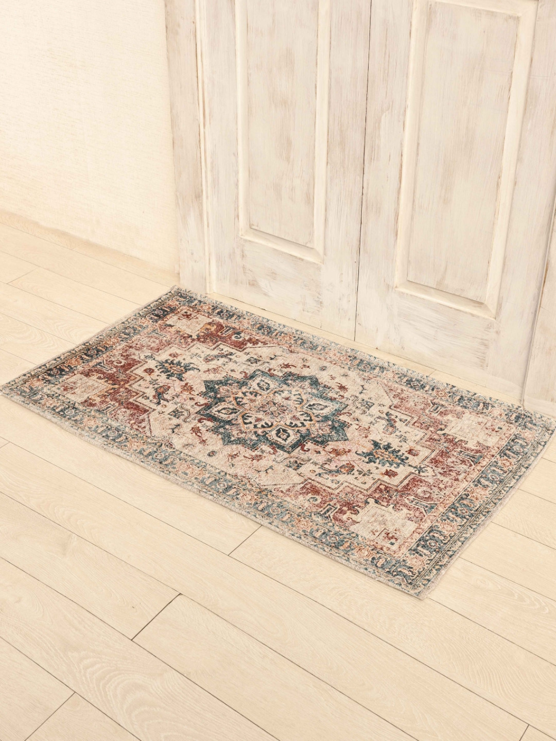 Ariana Blue & Cream Colored Printed Cotton Anti-Skid Doormat