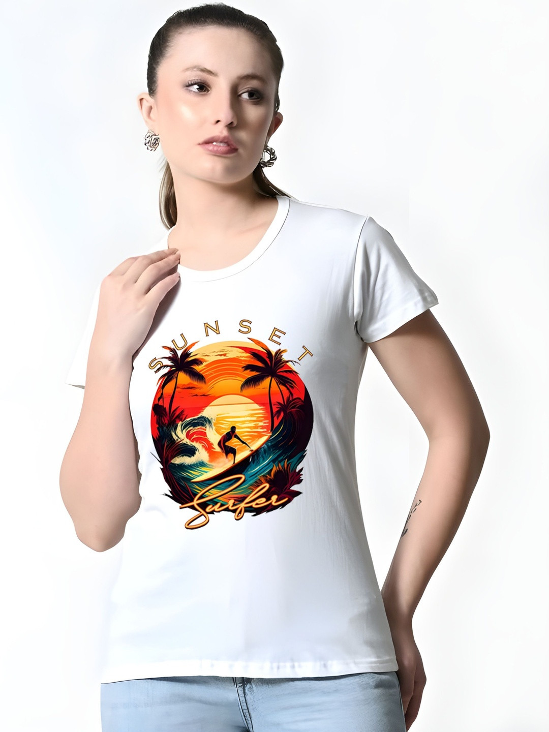 Sunset Surfer Women Graphic Round Neck Regular Fit T-shirt