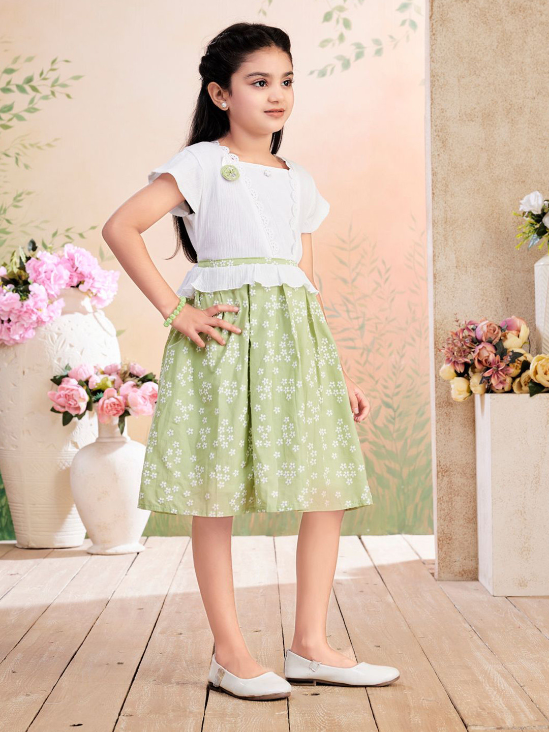 BAESD Girls Floral Printed Gathered or Pleated Square Neck Fit & Flare Dress