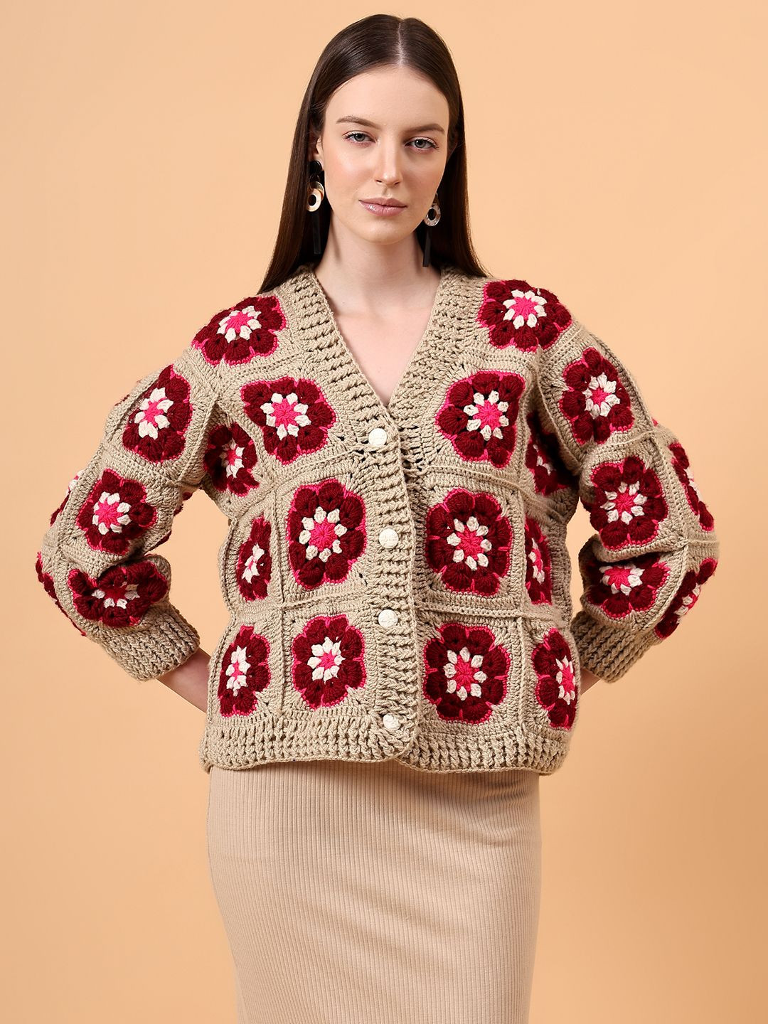 Velvery Women Floral Open Knit Crochet Cardigan