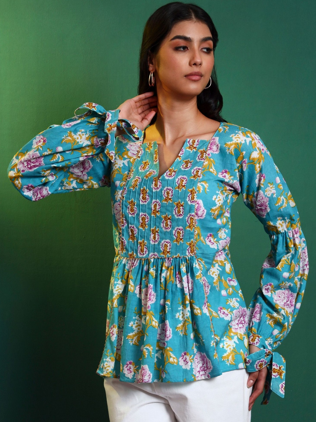 Salvia Sky Women Floral Printed Long Sleeve Cotton Tunic