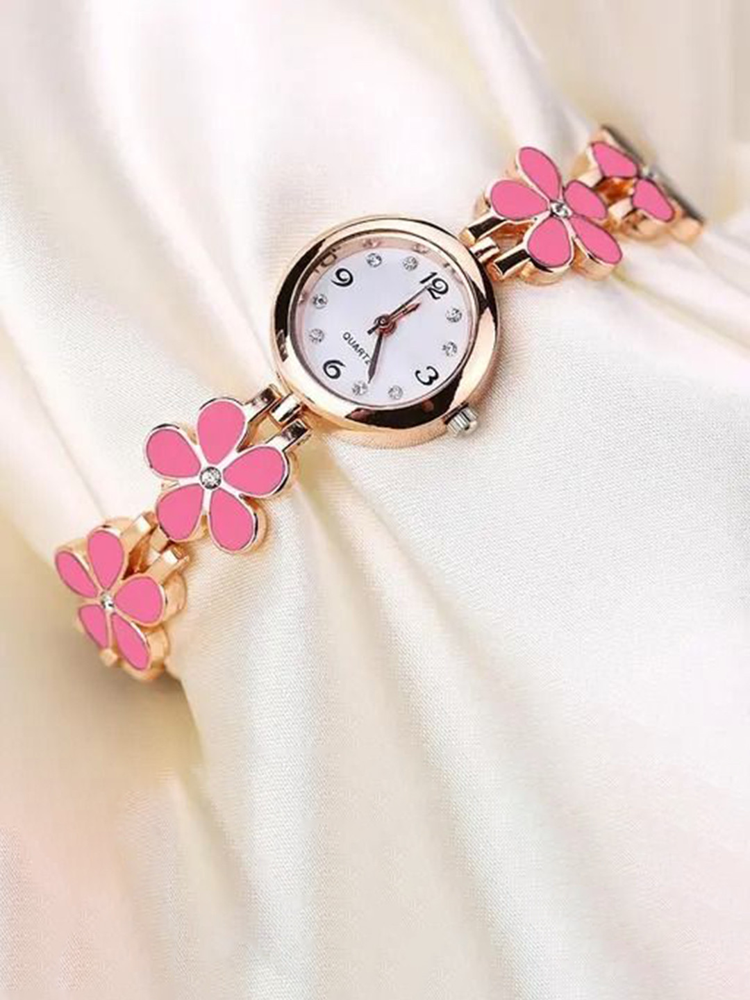 FROZIL Women Round Dial & Stainless Steel Bracelet Style Straps Analogue Watch Flower P-Br