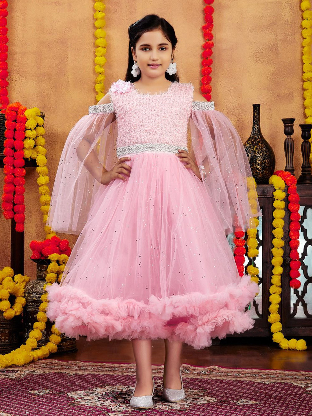 BAESD Girl's Embellished Round Neck Cold-Shoulder Sleeves Ruffles Maxi Dress