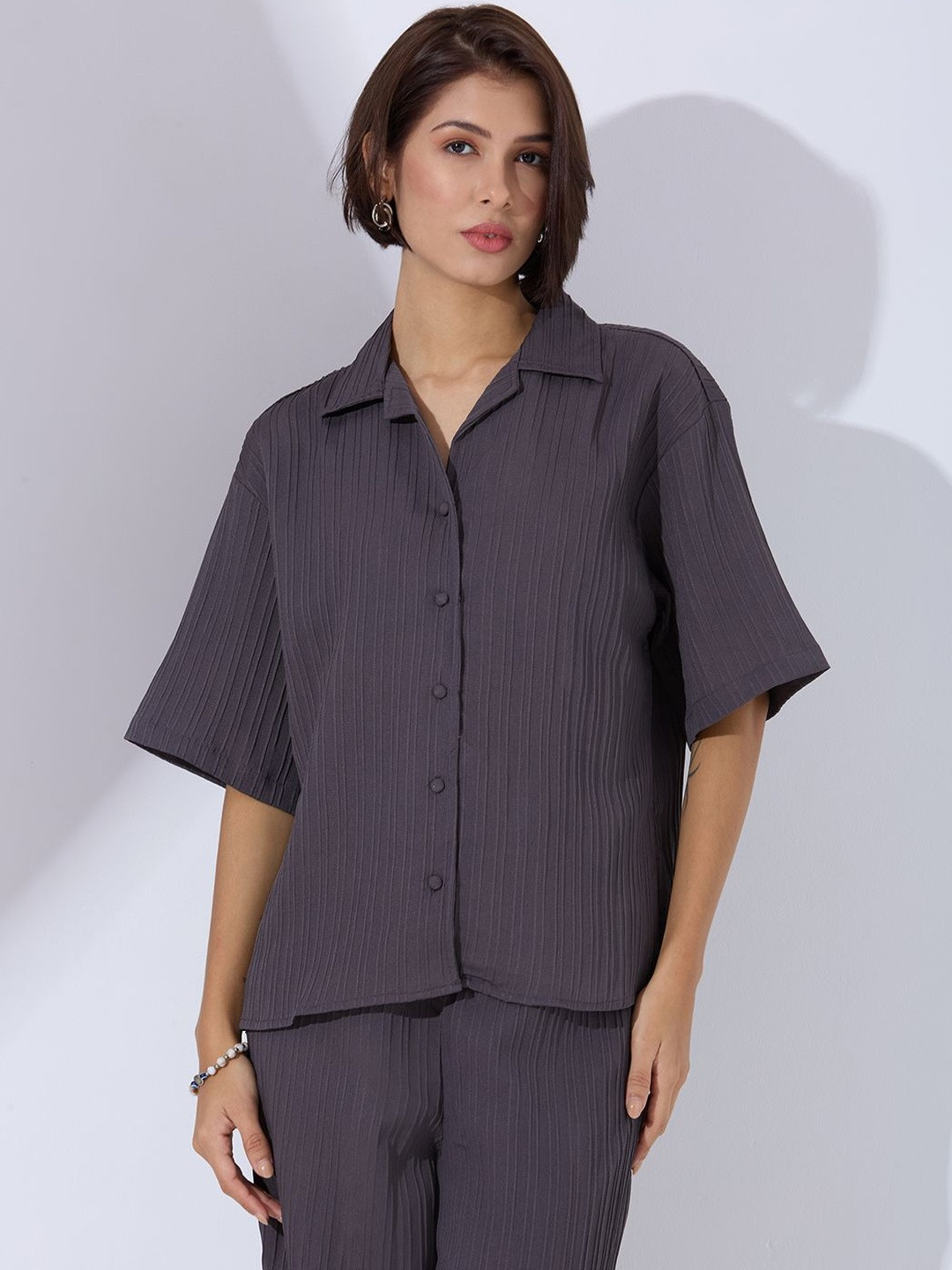 DressBerry Women Cotton Blend Self Design Shirt & Palazzos Co-Ord Set