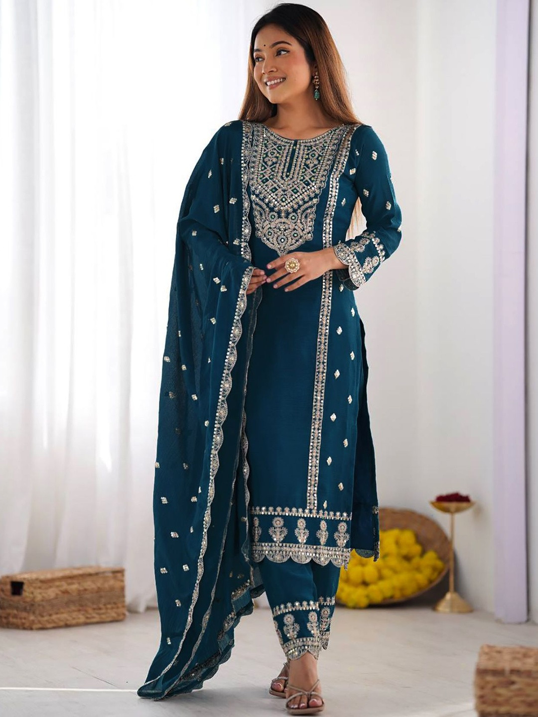 ATOXIC Floral Embroidered Regular Mirror Work Kurta Trousers & With Dupatta