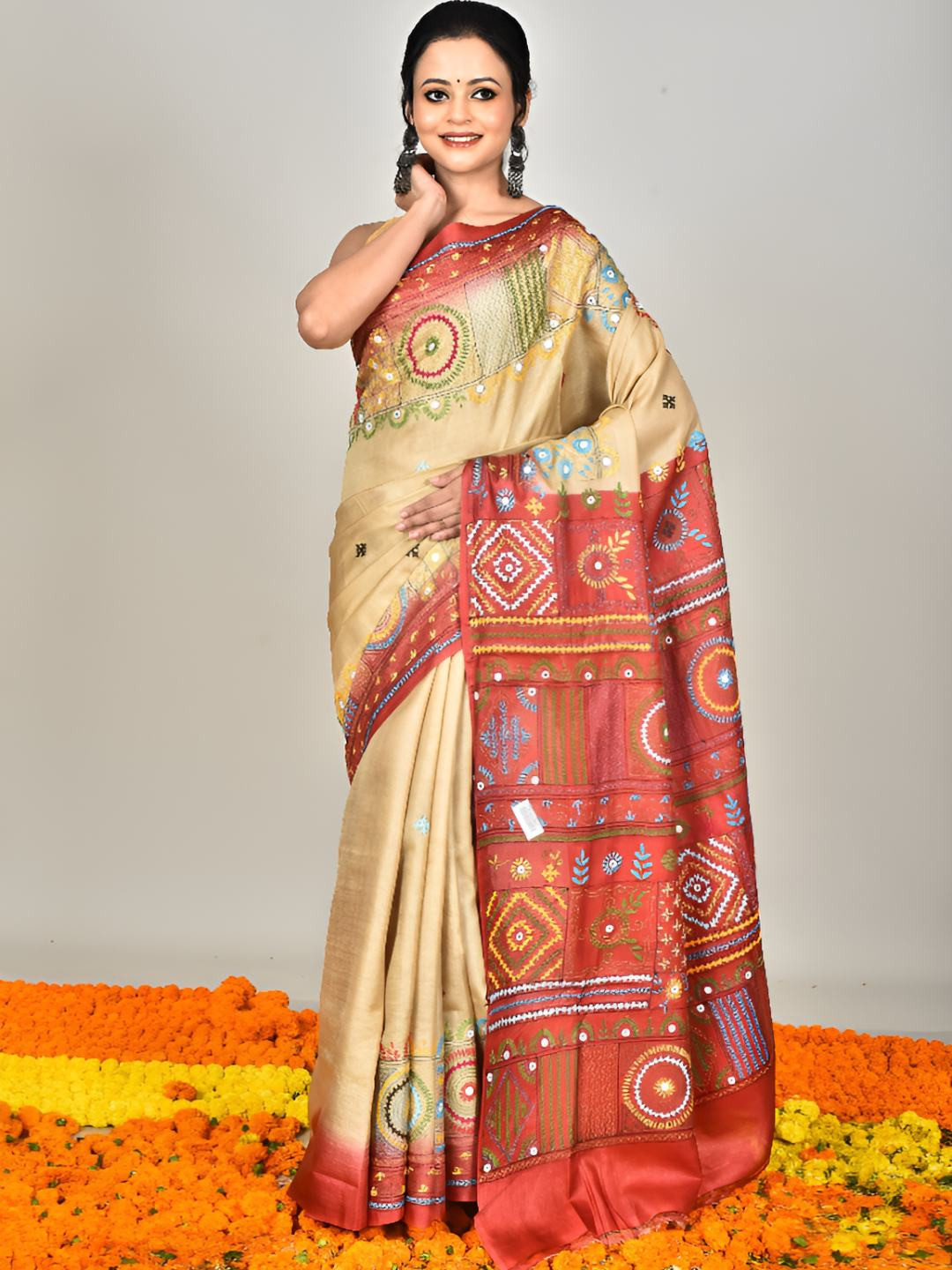 RAM SHYAM collection Ethnic Motifs Embroidered Tussar Art Silk Saree With Blouse