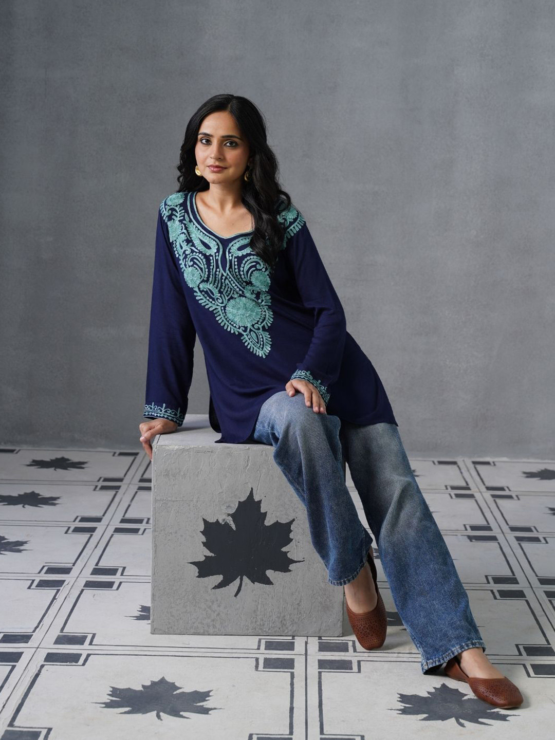Kashmir Box Kashmiri Aari Embroidered Navy Blue Round Neck Rayon Short Kurti