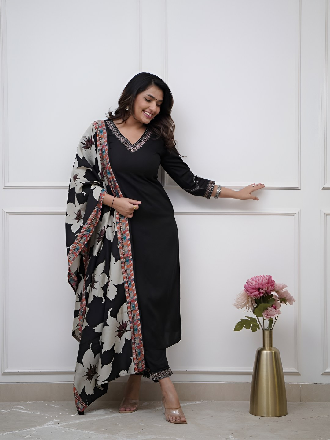 J.KANJI Women Floral Embroidered V-Neck Mirror Work Kurta with Trousers & Dupatta