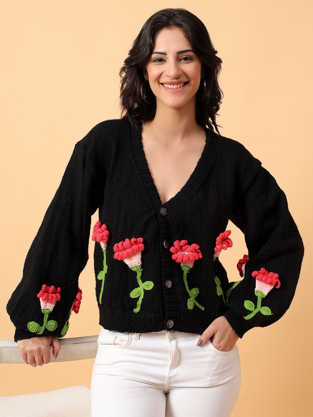 Velvery Floral Self Design V-Neck Oversized Cardigan Sweaters