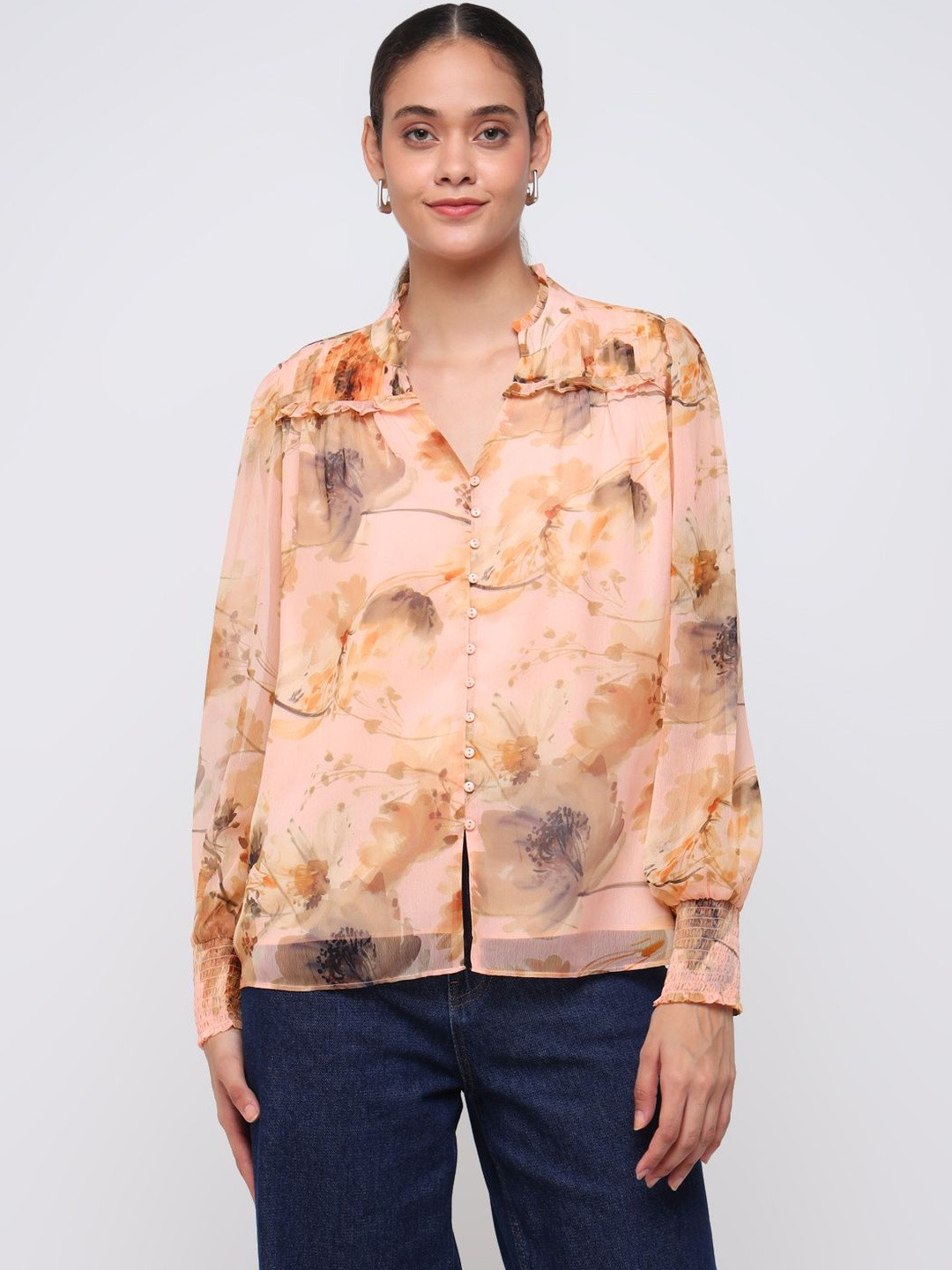 COVER STORY Floral Print Mandarin Collar Ruffles Shirt Style Top