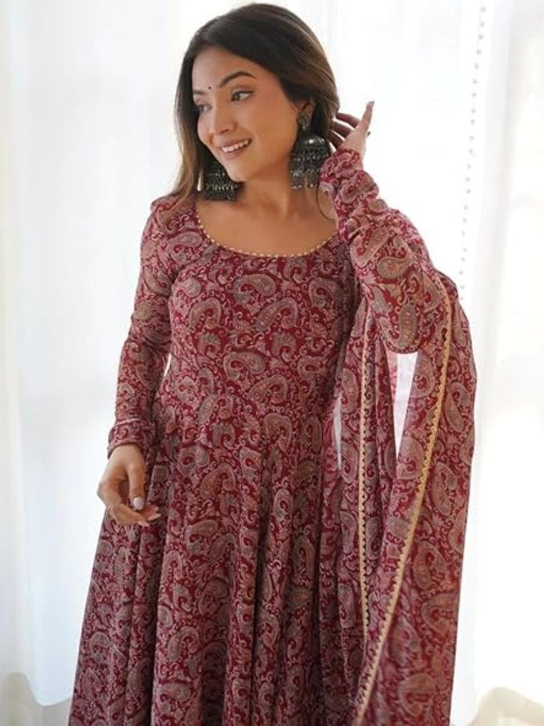 N.B.F Fashion Paisley Printed Tiered Kurta With Churidar & Dupatta