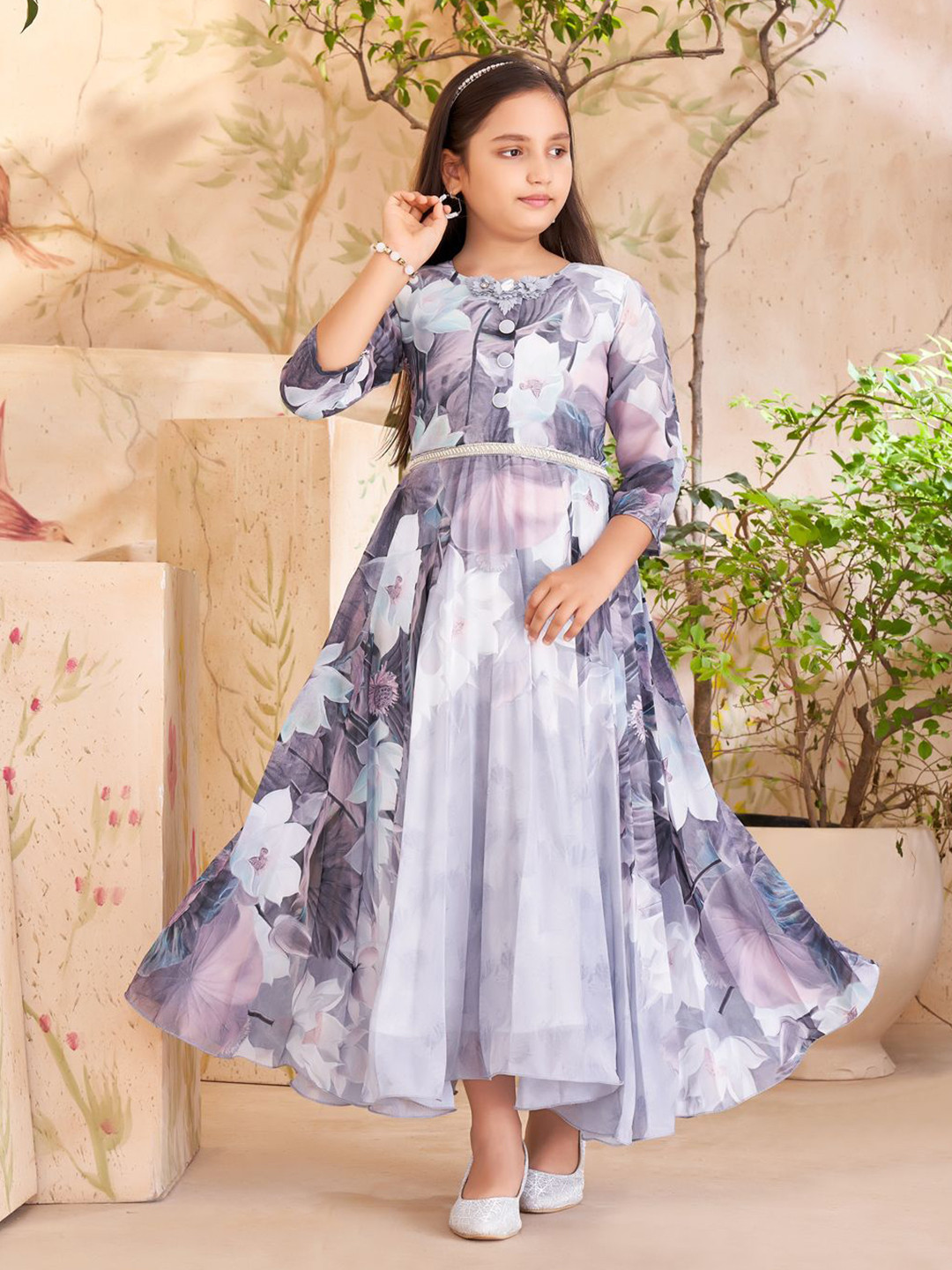 BAESD Girls Floral Printed Georgette Gathered or Pleated Gown Maxi Dress