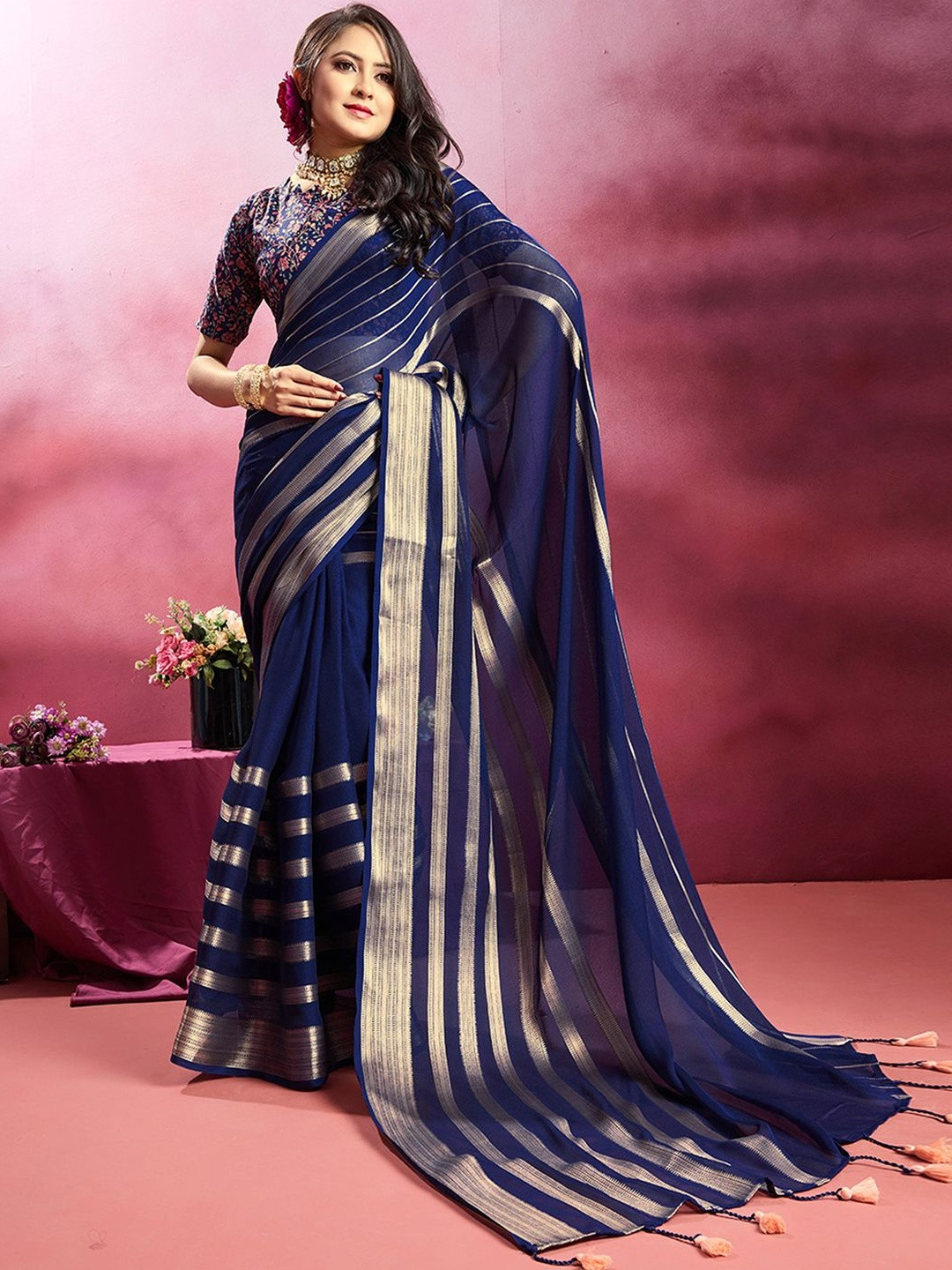 Satrani Woven Design Zari Work Georgette Saree With Blouse