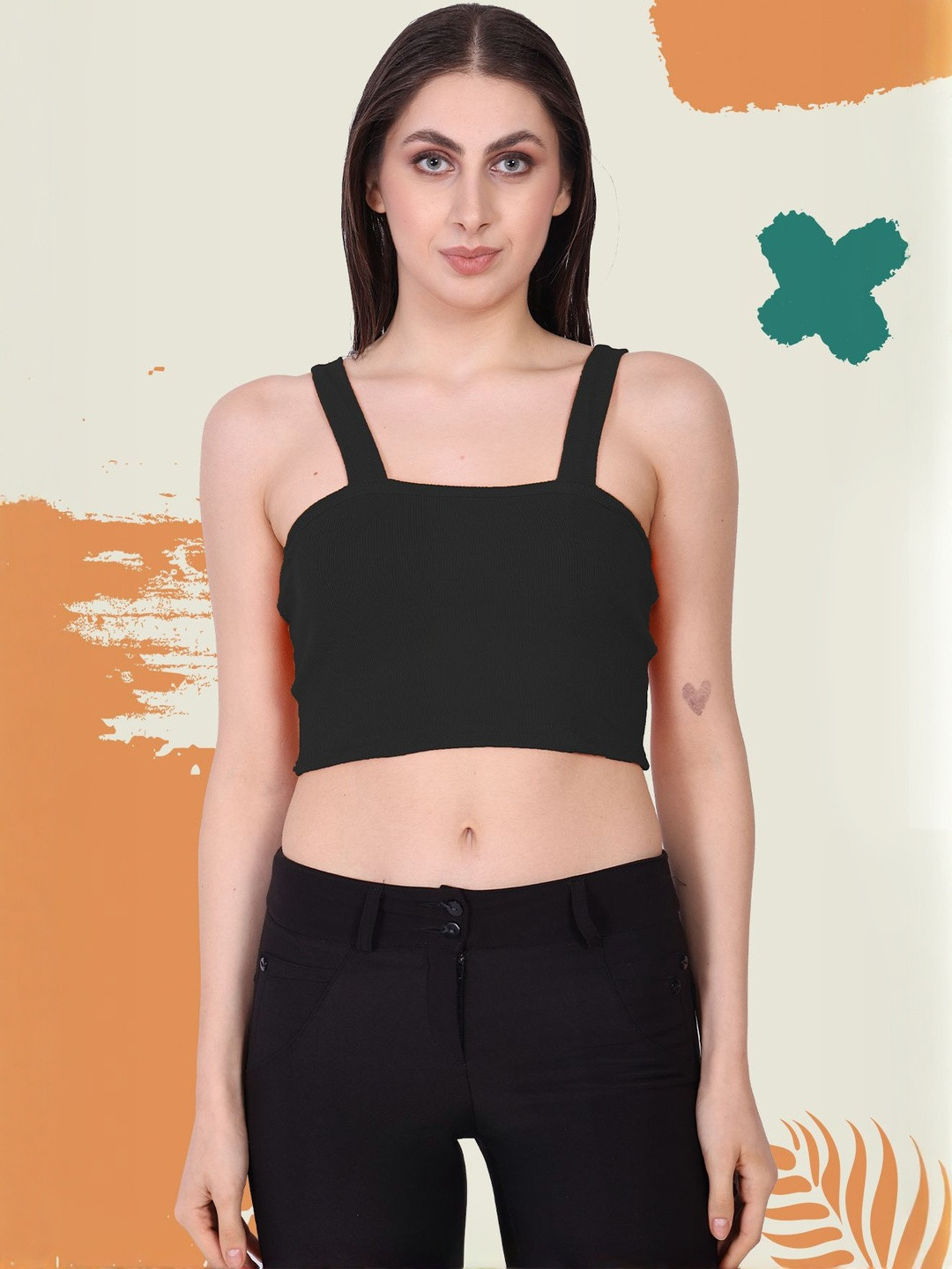 SSTAIR Women's Solid Ribbed Shoulder Strap Bralette Crop Top