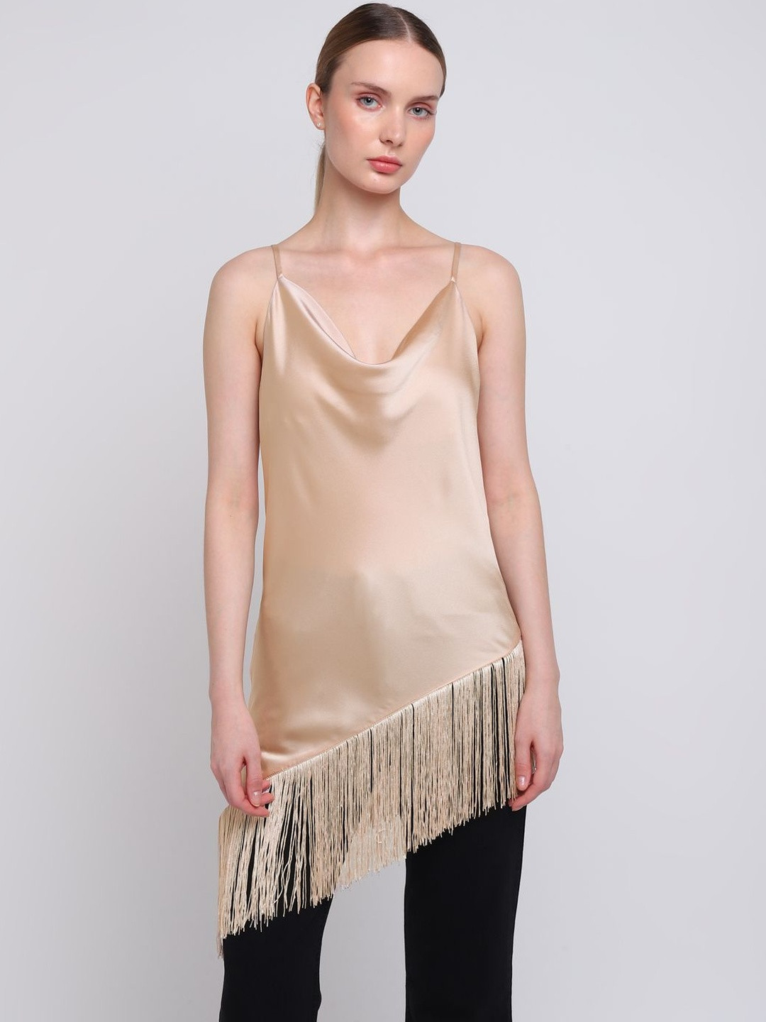 COVER STORY Women Solid Fringed Cowl Neck Shoulder Straps Top